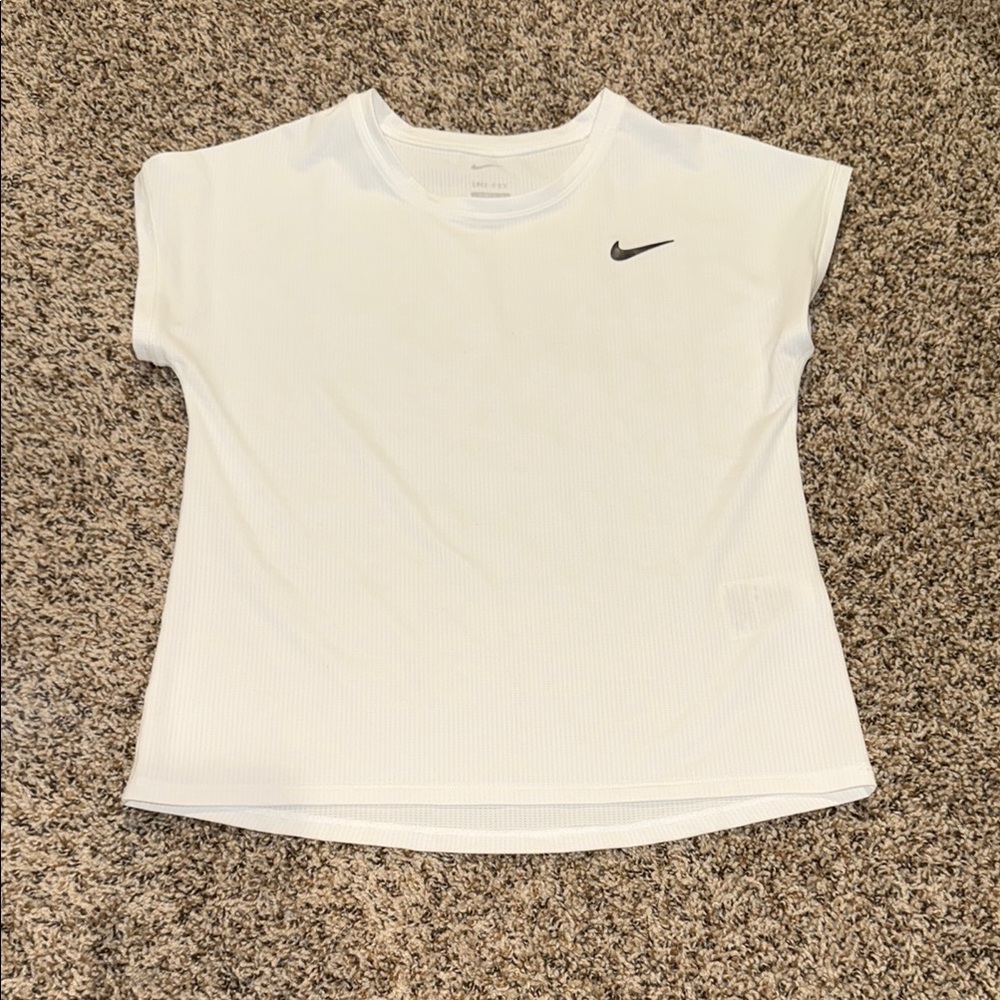 Nike White Short-Sleeve Athletic Top with Black Swoosh